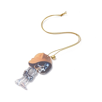 Acrylic Halloween Style Big Pendants with Brass Bell and Nylon Cord, Skeleton, Sandy Brown, 321x0.9mm