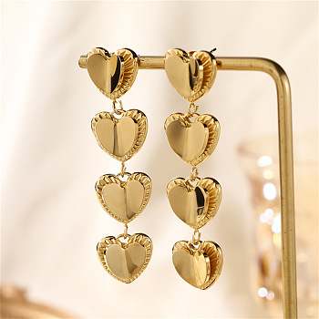 304 Stainless Steel Stud Dangle Earrings, Heart, Golden, 53x12.5mm