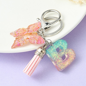 Resin & Acrylic Keychains, with Alloy Split Key Rings and Faux Suede Tassel Pendants, Letter & Butterfly, Letter B, 8.6cm