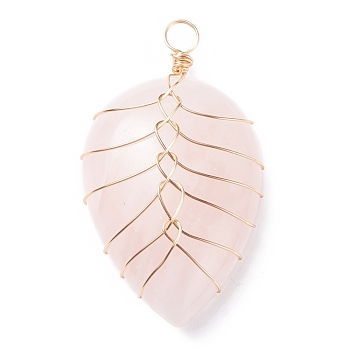 Natural Rose Quartz Pendants, with Light Gold Tone Copper Wire Wrapped, Water Drop, 42~44x25x9~10mm, Hole: 4mm