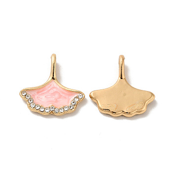 Rack Plating Alloy Rhinestone Pendant, with Enamel, Nickel Free, Gingko Leaf Charms, Golden, Pink, 16.5x16x4.5mm, Hole: 2.2mm