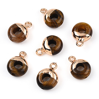 Natural Tiger Eye Flat Round/Donut Charms, with Rack Plating Golden Tone Brass Loops, 14x10mm