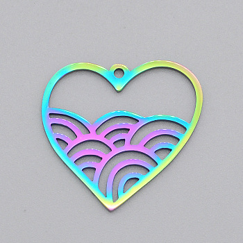 Ion Plating(IP) 201 Stainless Steel Pendants, Laser Cut, Heart with Rainbow, Rainbow Color, 21.5x22.5x1mm, Hole: 1.4mm