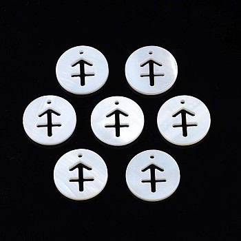 Natural Freshwater Shell Charms, Flat Round with Twelve Constellations, Hollow, Sagittarius, 12x1.5mm, Hole: 0.9mm