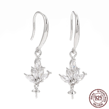 Rhodium Plated 925 Sterling Silver Earring Hooks, with Cubic Zirconia, Lotus, for Half Drilled Beads, Platinum, 30mm, 21 Gauge, Pin: 0.7mm, Pin: 0.6mm, Tray: 6x3mm