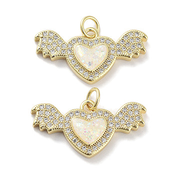 Brass Micro Pave Clear Cubic Zirconia Pendants, with Synthetic Opal and Jump Rings, Real 18K Gold Plated, Heart wirh Wing Charms, White, 12.5x24.5x3mm, Hole: 3mm