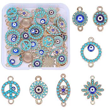 35Pcs 7 Styles Alloy Enamel Connector Charms, Evil Eye Links with Synthetic Turquoise, Mixed Shapes, Golden, 19x12x2.5mm, Hole: 2mm, 5pcs/style