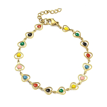 Enamel Heart Link Chain Bracelet, Vacuum Plating Golden 201 Stainless Steel Bracelet, Colorful, 6-3/4 inch(17.3cm)