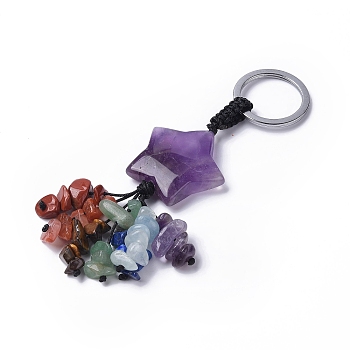 Natural Amethyst Star with Mixed Gemstone Chips Beaded Tassel Keychains, with 304 Stainless Steel Ring Clasps, 9.5~10cm