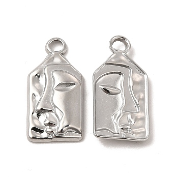 304 Stainless Steel Pendants, Rectangle with Human Face Charm, Stainless Steel Color, 22x11x3mm, Hole: 2.3mm