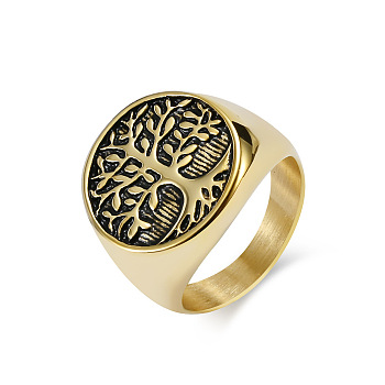 Retro Titanium Steel Tree of Life Finger Ring, Wide Band Ring, Antique Golden, US Size 12 3/4(22mm)