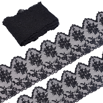 Gorgecraft 5 Yards Flat Nylon Mesh Embroidered Lace Trim, Floral Pattern, Black, 4-1/4~4-3/8 inch(109~110mm)