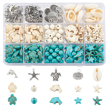 Ocean Theme DIY Synthetic Turquoise Beads Jewelry Making Findings Kits, Mixed Color, 8~24x7~19x2~9mm, Hole: 1~3mm