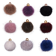 Faux Mink Fur Covered Pendants, with Golden Tone Brass Findings, Round, Mixed Color, 17x14~15mm, Hole: 2mm, 10pcs/color, 9 colors, 90pcs/set(WOVE-CJ0001-02)