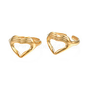 Ion Plating(IP) Rack Plating 304 Stainless Steel Heart Gesture Open Cuff Ring for Women, Real 18K Gold Plated, US Size 6 1/2(16.9mm)(RJEW-S405-260G)