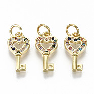 Brass Micro Pave Colorful Cubic Zirconia Pendants, with Jump Rings, Nickel Free, Key, Real 16K Gold Plated, 16x8x2mm, Jump Ring: 5x0.8mm, 3.4mm inner diameter(ZIRC-S067-188-NF)