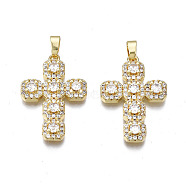Brass Micro Pave Cubic Zirconia Pendants, Real 16K Gold Plated, Nickel free, Cross, Clear, 27x18.5x4mm, Hole: 2.5x5mm(ZIRC-N039-157A-NF)