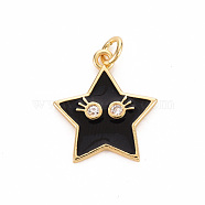 Brass Micro Pave Clear Cubic Zirconia Pendants, with Enamel & Jump Ring, Cadmium Free & Nickel Free & Lead Free, Star Smiling Face, Real 16K Gold Plated, Black, 19x17x2mm, Jump Ring: 5x1mm, 3mm inner diameter(ZIRC-S067-065A-NR)