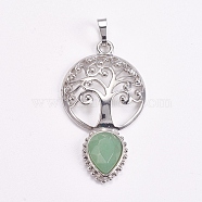 Brass Pendants, Natural Green Aventurine, Faceted, Hollow Flat Round with Tree of Life and Teardrop, Platinum, 49x27x6mm(X-G-G743-A04)