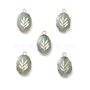 Natural Green Strawberry Quartz Pendants, Oval Charms with Golden Brass Edge, 22x13x3~5.5mm, Hole: 1.8mm(X-G-K333-01G)