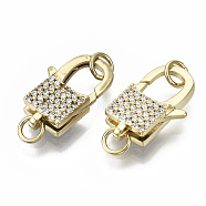 Brass Micro Pave Clear Cubic Zirconia Lobster Claw Clasps, with Jump Rings, Nickel Free, Lock, Real 18K Gold Plated, 18x10.5x4.5mm, Hole: 3mm, Jump Ring: 5x0.6mm, inner diameter: 3mm(ZIRC-S066-203-NF)