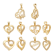 Nbeads 10Pcs 5 Style Brass Micro Pave Clear Cubic Zirconia Pendants, with Snap on Bails, for Mother's Day, Long-Lasting Plated, Heart with Word Mom, Real 18K Gold Plated, 2pcs/style(ZIRC-NB0001-76)