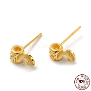 Barrel 925 Sterling Silver Micro Pave Cubic Zirconia Stud Earring Findings, for Half Drilled Beads, with S925 Stamp, Real 18K Gold Plated, 8.5x4.5mm, Pin: 0.8mm and 11x0.7mm(STER-P056-11G)