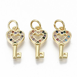 Brass Micro Pave Colorful Cubic Zirconia Pendants, with Jump Rings, Nickel Free, Key, Real 16K Gold Plated, 16x8x2mm, Jump Ring: 5x0.8mm, 3.4mm inner diameter(ZIRC-S067-188-NF)