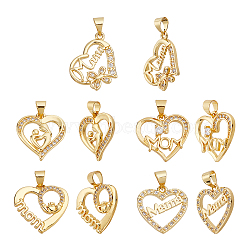 10Pcs 5 Style Brass Micro Pave Clear Cubic Zirconia Pendants, with Snap on Bails, for Mother's Day, Long-Lasting Plated, Heart with Word Mom, Real 18K Gold Plated, 2pcs/style(ZIRC-NB0001-76)