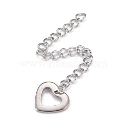 304 Stainless Steel Chain Extender, Curb Chain, with 202 Stainless Steel Charms, Hollow Heart, Stainless Steel Color, 59~62mm, Link: 3.7x3x0.5mm, Heart: 9.5x11x1mm(STAS-F268-51P)