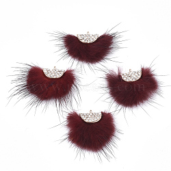 Faux Mink Fur Tassel Pendant Decorations, with Rhinestone and Alloy Findings, Fan, Golden, Dark Red, 24~28x29~34x8mm, Hole: 1.5mm(FIND-T040-19)