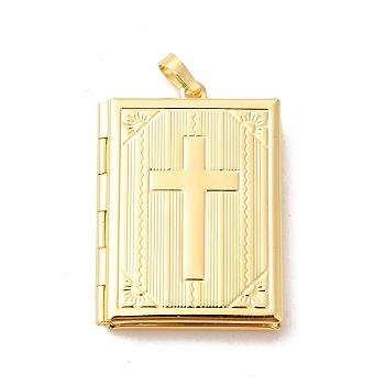 Eco-Friendly Rack Plating Brass Locket Pendants, Long-Lasting Plated, Lead Free & Cadmium Free, Rectangle with Cross Charm, Real 18K Gold Plated, 39x27.5x6mm, Hole: 4x6mm, Inner Diameter: 28.5x18.5mm