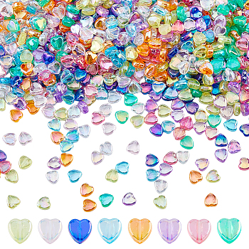 9Bags 9 Colors Acrylic Beads, Rainbow Color Plated, Heart, Mixed Color, 8.5~9x8~8.5x4~4.5mm, Hole: 1.8mm, 100pcs//bag