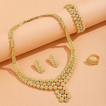 Zinc Alloy Rhinestone Bracelets & Earrings & Necklaces & Rings Sets, Golden, 420mm