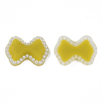 Acrylic Cabochons, with ABS Plastic Imitation Pearl Beads, Bowknot, Yellow, 18x24.5x4.5mm