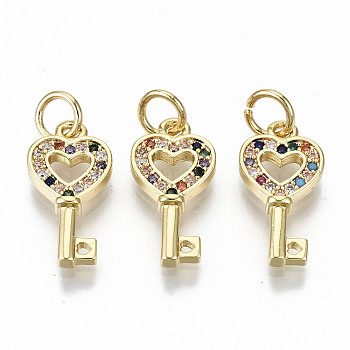 Brass Micro Pave Colorful Cubic Zirconia Pendants, with Jump Rings, Nickel Free, Key, Real 16K Gold Plated, 16x8x2mm, Jump Ring: 5x0.8mm, 3.4mm inner diameter
