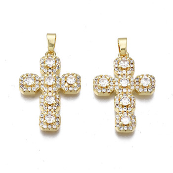 Brass Micro Pave Cubic Zirconia Pendants, Real 16K Gold Plated, Nickel free, Cross, Clear, 27x18.5x4mm, Hole: 2.5x5mm
