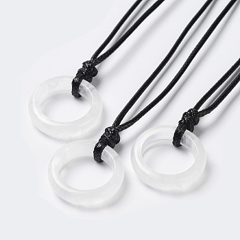 Natural Quartz Crystal Ring Pendant Necklace with Waxed Cords, 29.53~29.92 inch(75~76cm), Pendant: 24x6mm