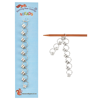 Cube Charm Knitting Row Counter Chains, Alloy & Iron 0~9 Numbered Stitch Marker for Tracking Project Progress, Fit for Needles Up To 9mm, Antique Silver, 15.8cm