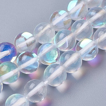 Synthetic Moonstone Beads Strands, Holographic Beads, Round, Clear, 6mm, Hole: 1mm, about 64pcs/strand, 15.3 inch(39cm)