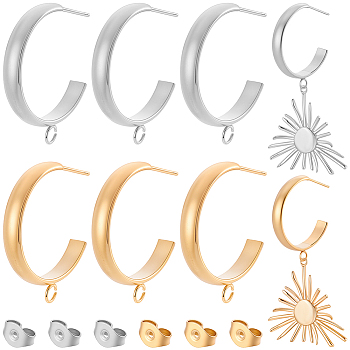 16Pcs 304 Stainless Steel Stud Earring Findings, C-Shaped, Half Hoop Earrings with Loop, Mixed Color, 24x4mm, Hole: 2.5mm, 8pcs/color, 2 colors
