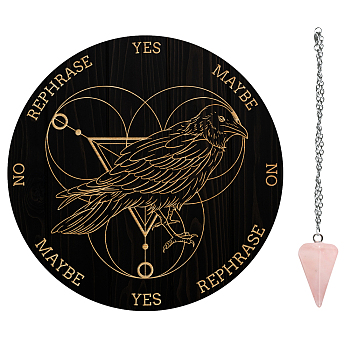 AHADEMAKER Dowsing Divination Supplies Kit, Including PVC Plastic Pendulum Board, 304 Stainless Steel Cable Chain Necklaces, Cone/Spike Natural Rose Quartz Stone Pendants, Raven Pattern, Board: 200x4mm