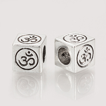 Tibetan Style Alloy European Beads, Large Hole Beads, Cube with Om Symbol, Cadmium Free & Lead Free, Antique Silver, 8x8x8mm, Hole: 4.5mm, about 460pcs/1000g