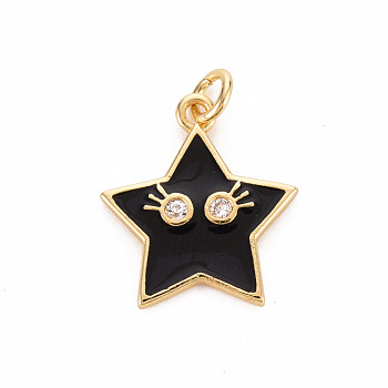 Brass Micro Pave Clear Cubic Zirconia Pendants, with Enamel & Jump Ring, Cadmium Free & Nickel Free & Lead Free, Star Smiling Face, Real 16K Gold Plated, Black, 19x17x2mm, Jump Ring: 5x1mm, 3mm inner diameter