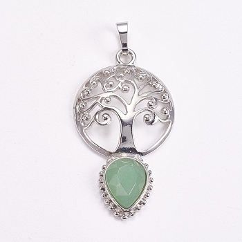 Brass Pendants, Natural Green Aventurine, Faceted, Hollow Flat Round with Tree of Life and Teardrop, Platinum, 49x27x6mm