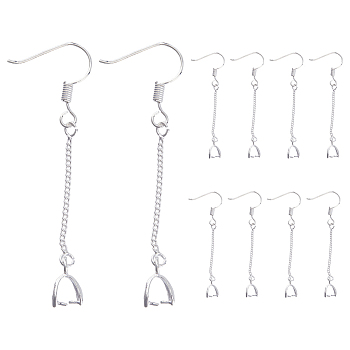 20 Pairs Brass Earring Hooks, Ear Wire, with Ice Pick Pinch Bails and Twisted Chains, for Half Drilled Beads, Long-Lasting Plated, Silver, 53x6x3mm, 21 Gauge, Pin: about 0.7mm and 0.8mm