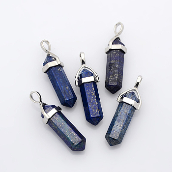 Natural Lapis Lazuli Double Terminated Pointed Pendants, with Alloy Findings, Bullet, Platinum, 38~45x12mm, Hole: 3x5mm, Gemstone: 10mm in diameter