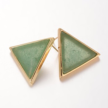 Triangle Brass Green Aventurine Stud Earrings, 23x26.5x3.5mm, Pin: 0.8mm