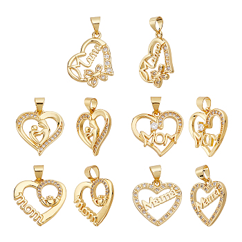 10Pcs 5 Style Brass Micro Pave Clear Cubic Zirconia Pendants, with Snap on Bails, for Mother's Day, Long-Lasting Plated, Heart with Word Mom, Real 18K Gold Plated, 2pcs/style