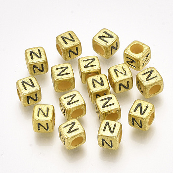 Acrylic Beads, Horizontal Hole, Metallic Plated, Cube with Letter.N, 6x6x6mm, 2600pcs/500g
